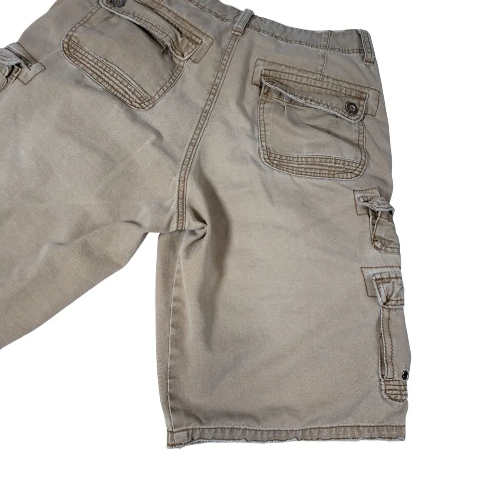 Pluggo Mens Khaki Tan Y2k Cargo Shorts Size 30 Distressed Raw Hem Cotton Utility